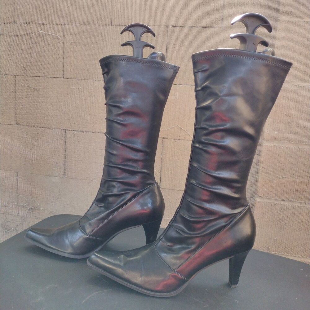 Franco Sarto Black Vegan Leather Pointy Toe Heeled Boots Womens Size 12